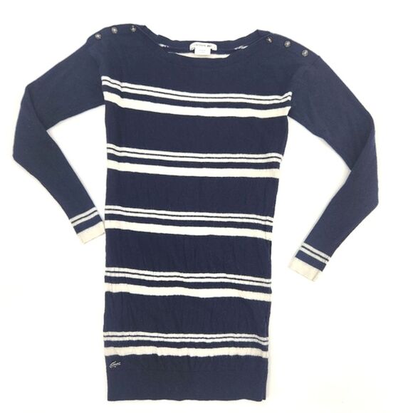 Lacoste Wool Sweater Women 34 Blue & White Stripes Boat Neck Old Money Preppie - Picture 1 of 10